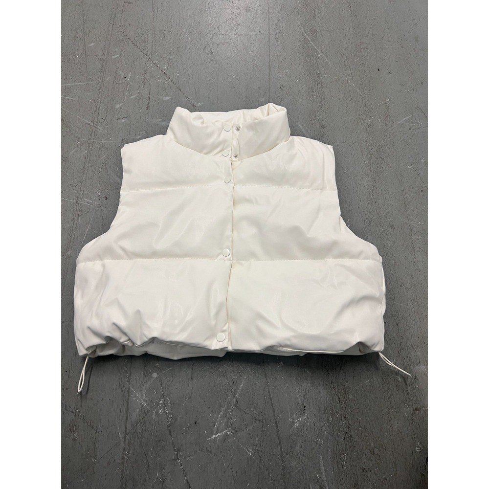 Simply Southern Puffer Vest Women XL Off White Faux Leather Snap Button Cropped